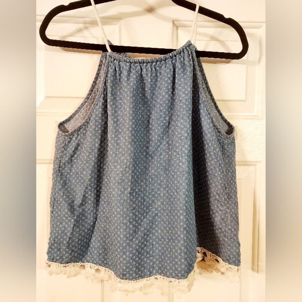 𝅺DEREK Heart Blue Crochet Hem Tank Top Size Large.